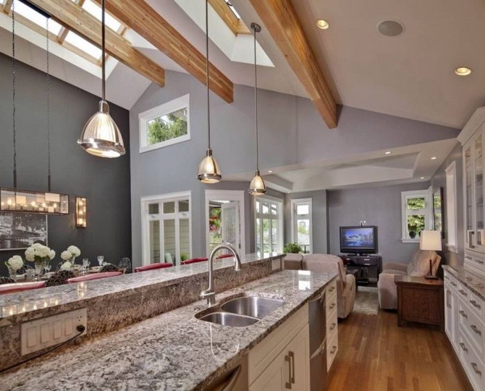 Ceiling vaulted ceilings sloped kitchen lighting ideas lights shed design wood pendant kitchens roof room wooden modern slanted light remodel